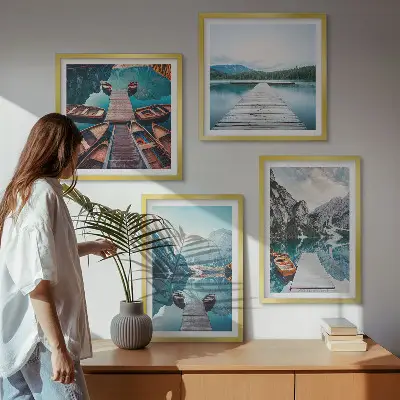 Multi-piece wall decor set featuring lake wooden piers and boats