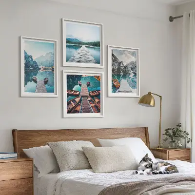 Multi-piece wall decor set featuring lake wooden piers and boats
