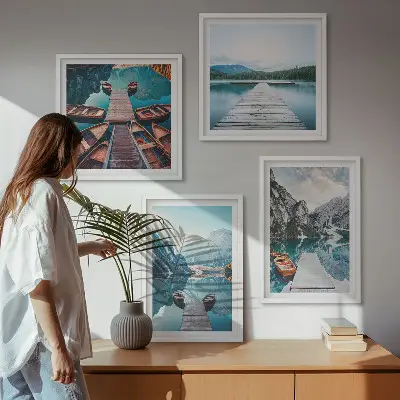 Multi-piece wall decor set featuring lake wooden piers and boats