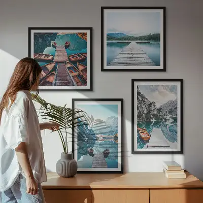 Multi-piece wall decor set featuring lake wooden piers and boats