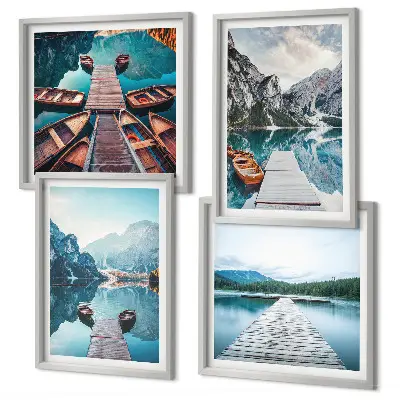 Multi-piece wall decor set featuring lake wooden piers and boats