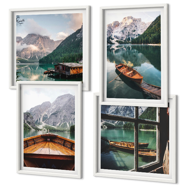 Set of 4 wall art pieces Lake, mountains, boats, cottage, window