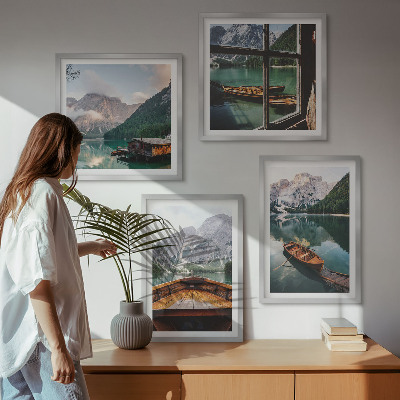Set of 4 wall art pieces Lake, mountains, boats, cottage, window
