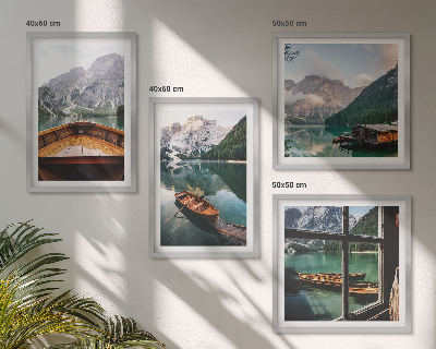 Set of 4 wall art pieces Lake, mountains, boats, cottage, window
