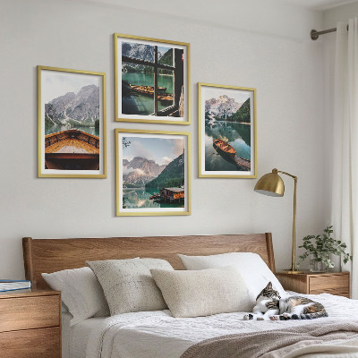Set of 4 wall art pieces Lake, mountains, boats, cottage, window