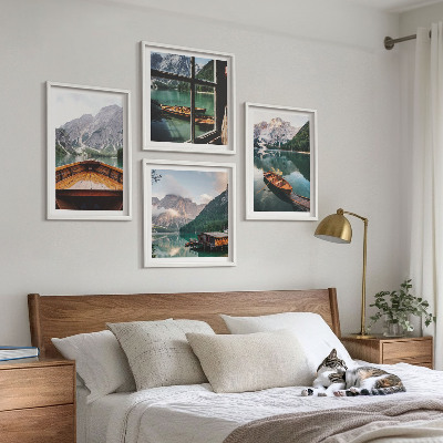 Set of 4 wall art pieces Lake, mountains, boats, cottage, window