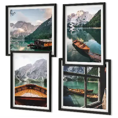 Set of 4 wall art pieces featuring a lake with mountains, boats, and a cottage window view
