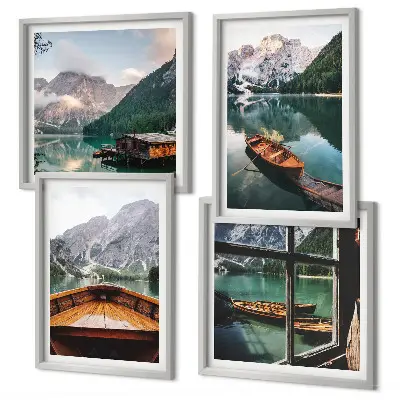 Set of 4 wall art pieces featuring a lake with mountains, boats, and a cottage window view