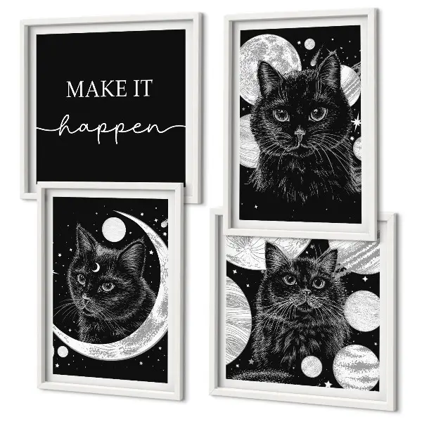 Wall art set featuring black cats, moon, and planet