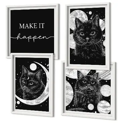 Wall art set featuring black cats, moon, and planet
