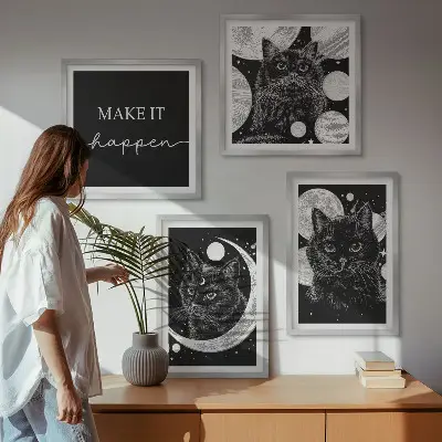 Wall art set featuring black cats, moon, and planet