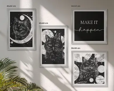 Wall art set featuring black cats, moon, and planet