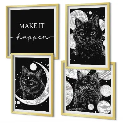 Wall art set featuring black cats, moon, and planet