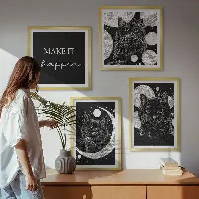 Wall art set featuring black cats, moon, and planet