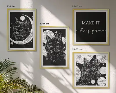 Wall art set featuring black cats, moon, and planet