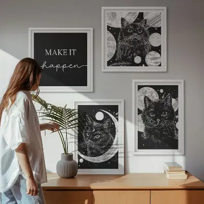 Wall art set featuring black cats, moon, and planet
