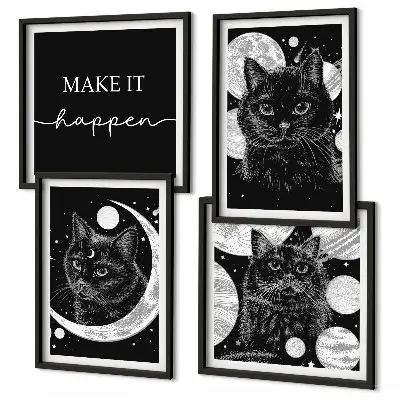 Wall art set featuring black cats, moon, and planet
