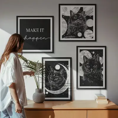 Wall art set featuring black cats, moon, and planet