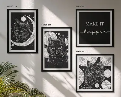 Wall art set featuring black cats, moon, and planet