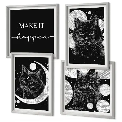 Wall art set featuring black cats, moon, and planet