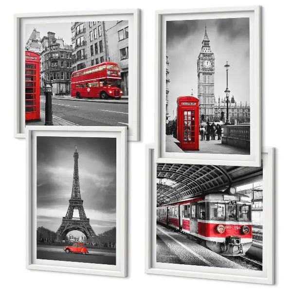 Set of 4 wall art pieces Red buses in the city
