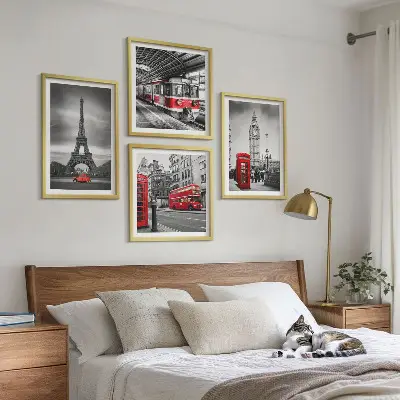 Set of 4 wall art pieces Red buses in the city