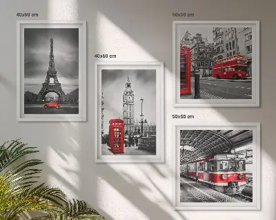 Set of 4 wall art pieces Red buses in the city