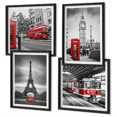 Set of 4 wall art pieces Red buses in the city