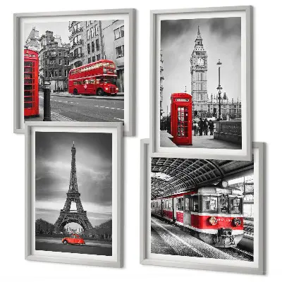 Set of 4 wall art pieces Red buses in the city