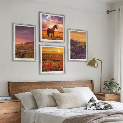 Wall art set mountain landscape with horses and lavender
