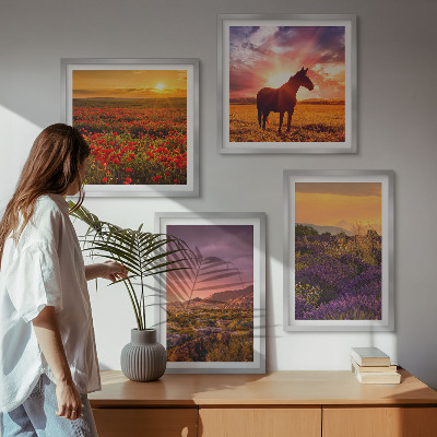 Wall art set Mountain landscape horse lavender