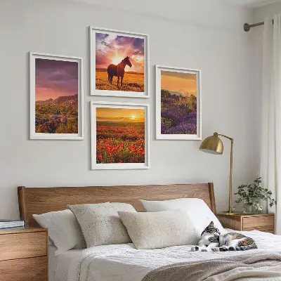 Wall art set mountain landscape with horses and lavender