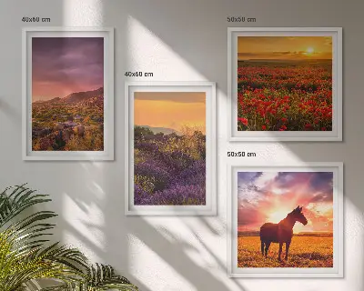 Wall art set mountain landscape with horses and lavender