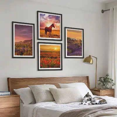 Wall art set mountain landscape with horses and lavender