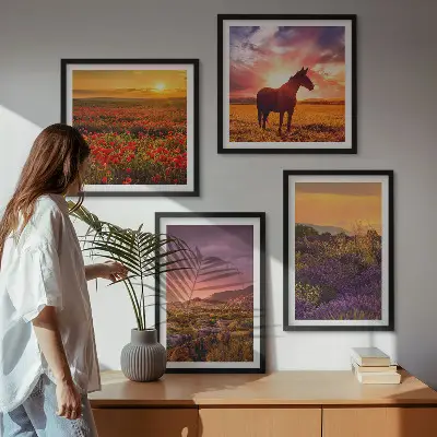 Wall art set mountain landscape with horses and lavender