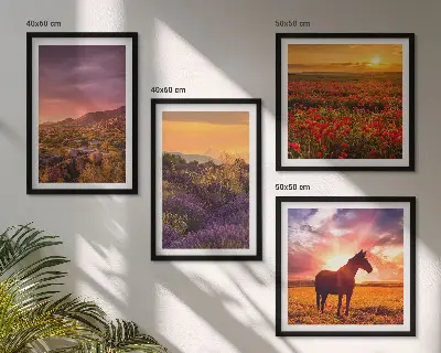 Wall art set mountain landscape with horses and lavender