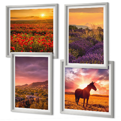 Wall art set Mountain landscape horse lavender