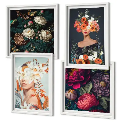 Set of 4 wall art pieces featuring floral portraits of bouquets and leaves