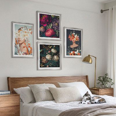 Set of 4 wall art pieces Floral portraits bouquets leaves