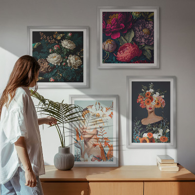 Set of 4 wall art pieces Floral portraits bouquets leaves