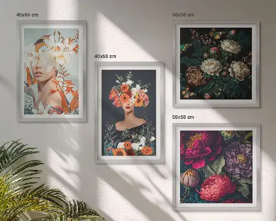 Set of 4 wall art pieces featuring floral portraits of bouquets and leaves
