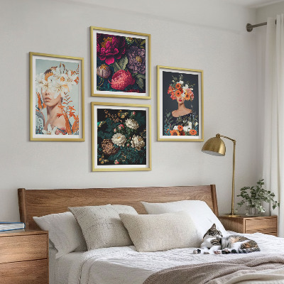 Set of 4 wall art pieces Floral portraits bouquets leaves