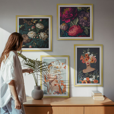 Set of 4 wall art pieces Floral portraits bouquets leaves