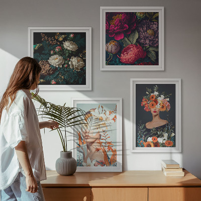 Set of 4 wall art pieces Floral portraits bouquets leaves
