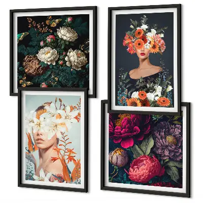 Set of 4 wall art pieces featuring floral portraits of bouquets and leaves