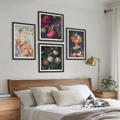 Set of 4 wall art pieces featuring floral portraits of bouquets and leaves