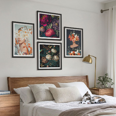 Set of 4 wall art pieces Floral portraits bouquets leaves