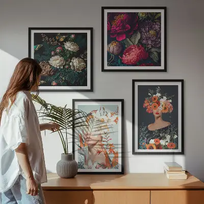 Set of 4 wall art pieces featuring floral portraits of bouquets and leaves