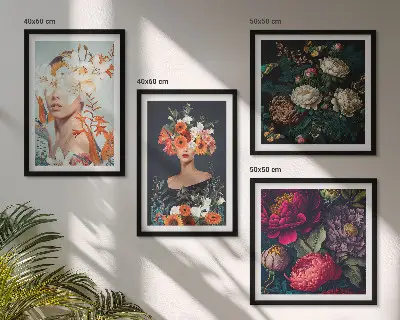 Set of 4 wall art pieces featuring floral portraits of bouquets and leaves