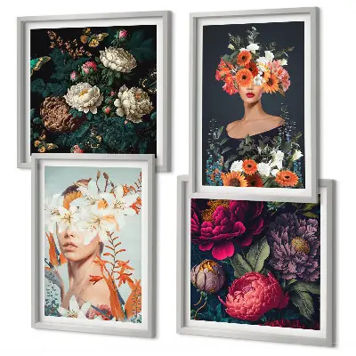 Set of 4 wall art pieces featuring floral portraits of bouquets and leaves